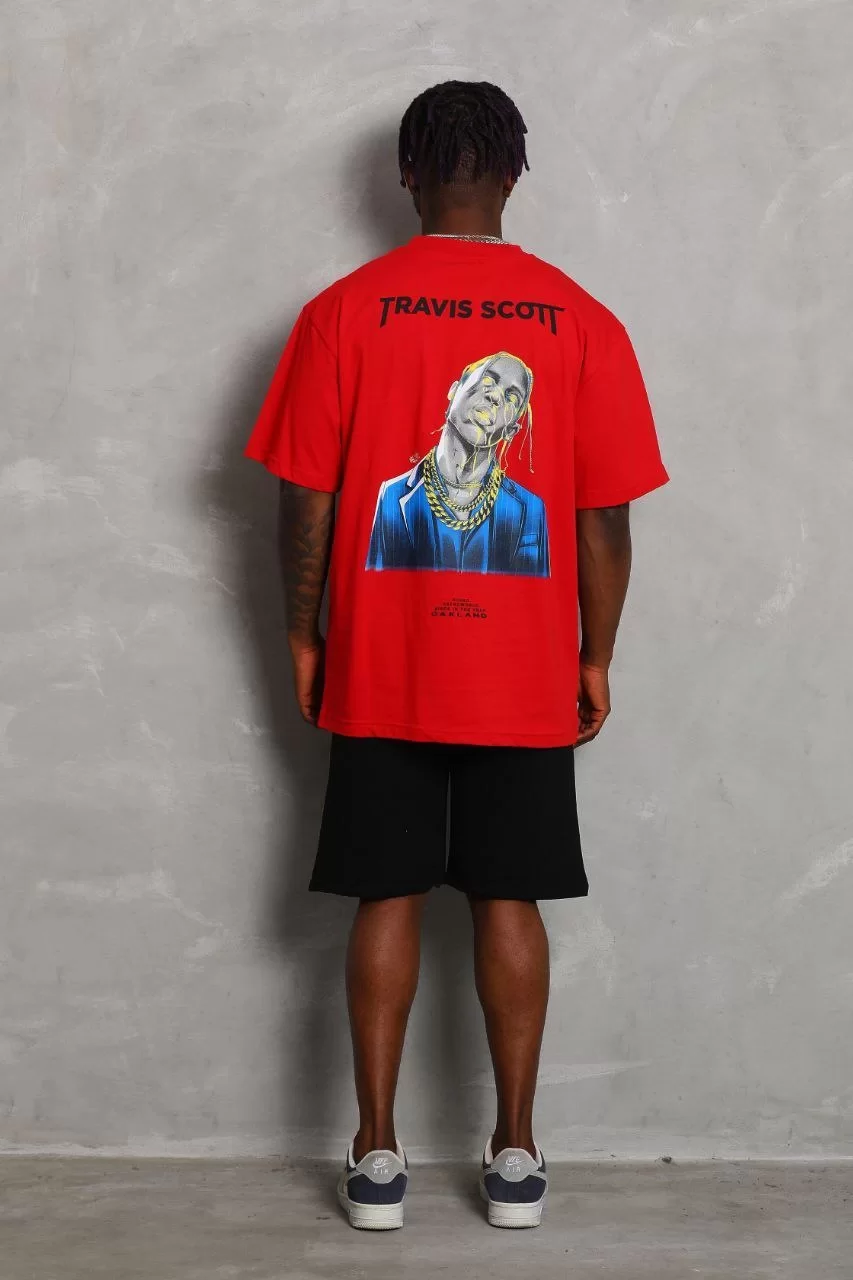 Unisex Oversize Baskılı Bisiklet Yaka T-Shirt - Kırmızı Görseli