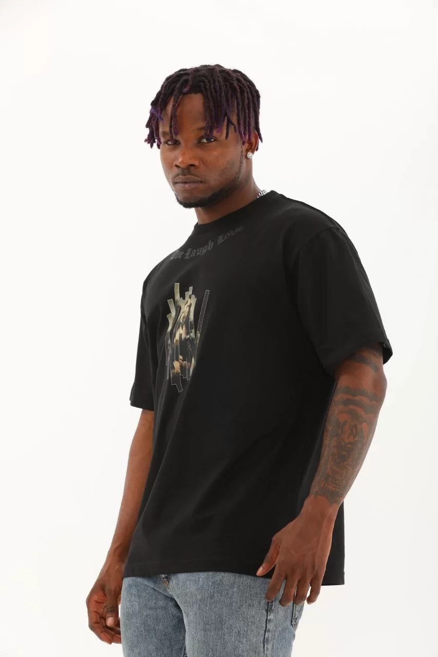 Unisex Oversize Baskılı Bisiklet Yaka T-Shirt - Siyah Görseli