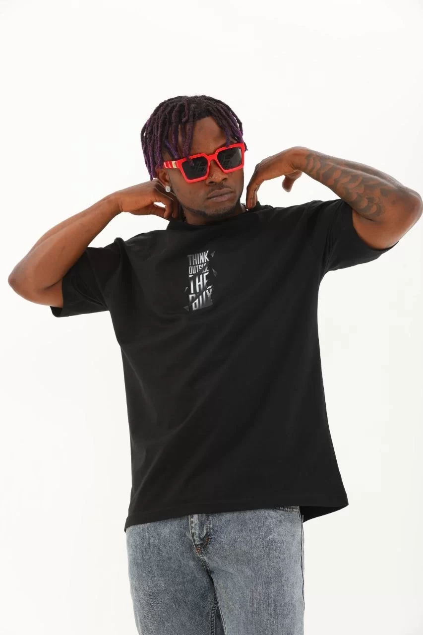 Unisex Oversize Baskılı Bisiklet Yaka T-Shirt - Siyah Görseli