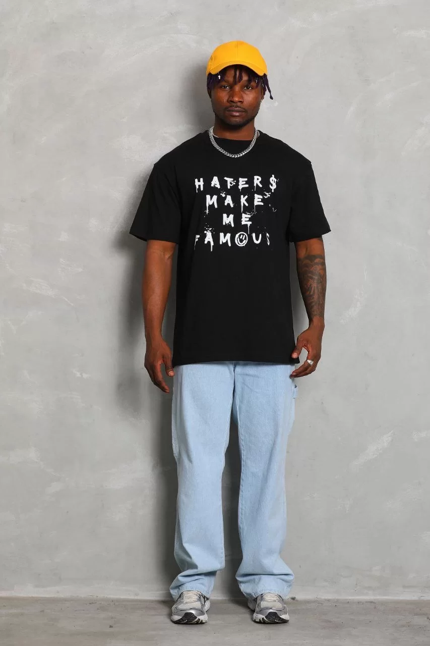Unisex Oversize Baskılı Bisiklet Yaka T-Shirt - Siyah Görseli