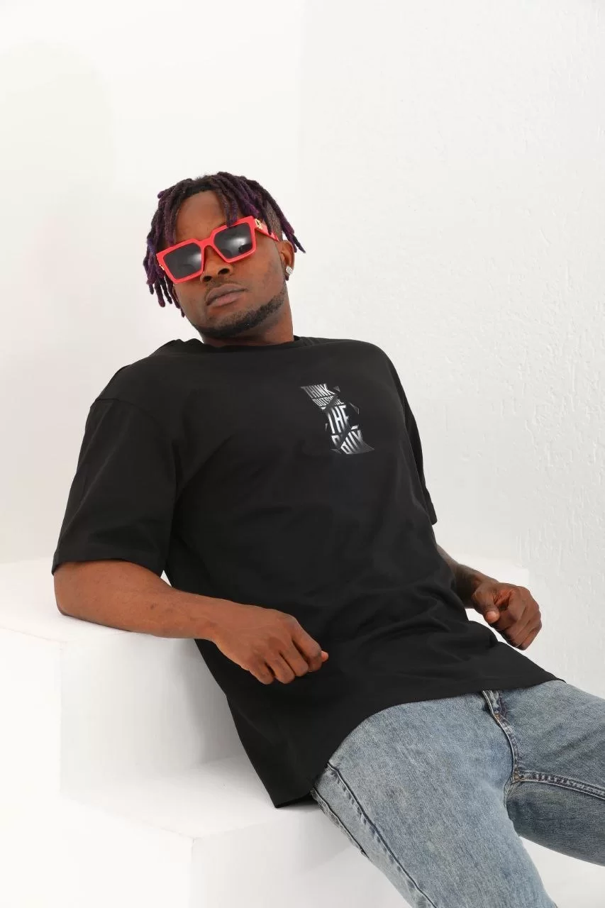 Unisex Oversize Baskılı Bisiklet Yaka T-Shirt - Siyah Görseli