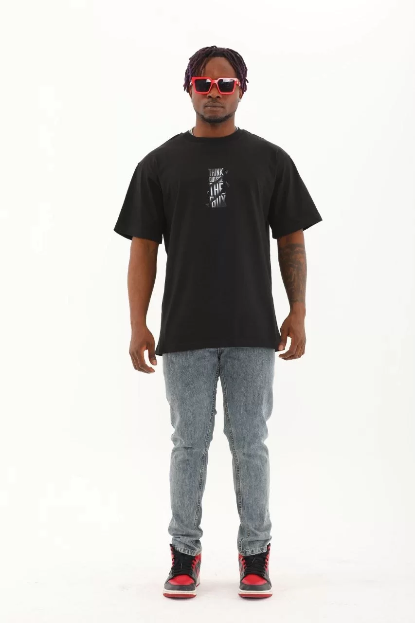 Unisex Oversize Baskılı Bisiklet Yaka T-Shirt - Siyah Görseli