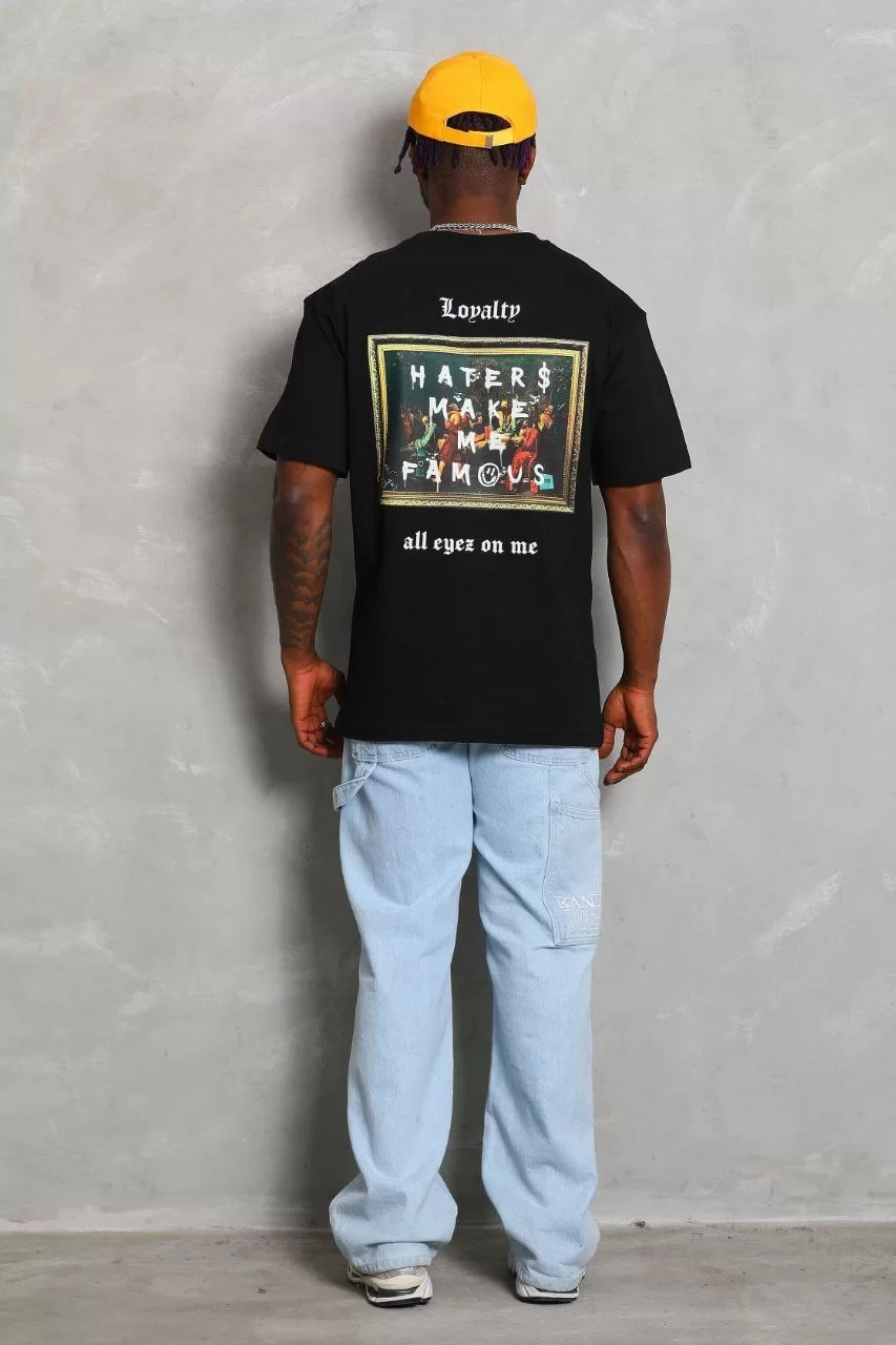 Unisex Oversize Baskılı Bisiklet Yaka T-Shirt - Siyah Görseli
