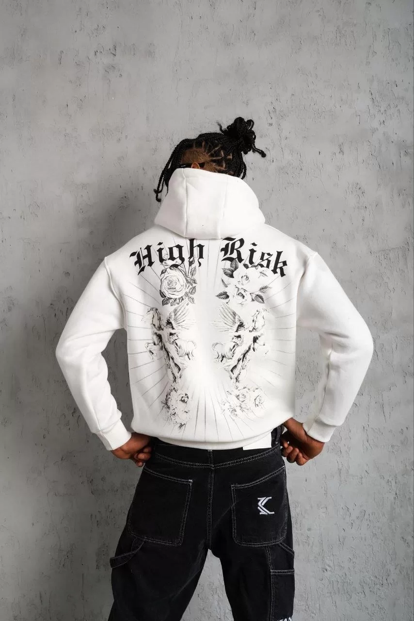 Erkek Baskılı Kapşonlu Sweat - Beyaz Görseli