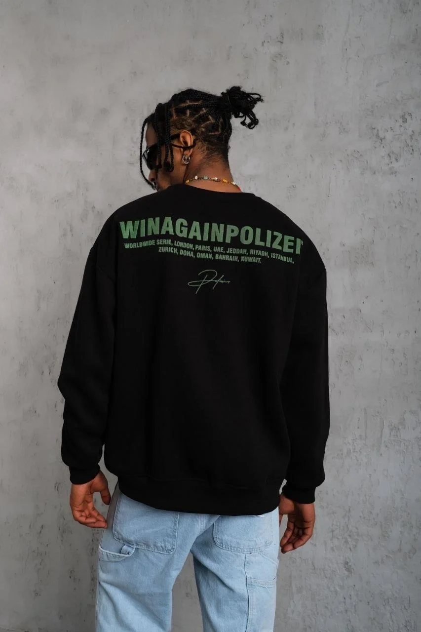 Erkek Bisiklet Yaka Baskılı 3 iplik pamuklu Sweatshirt - Siyah