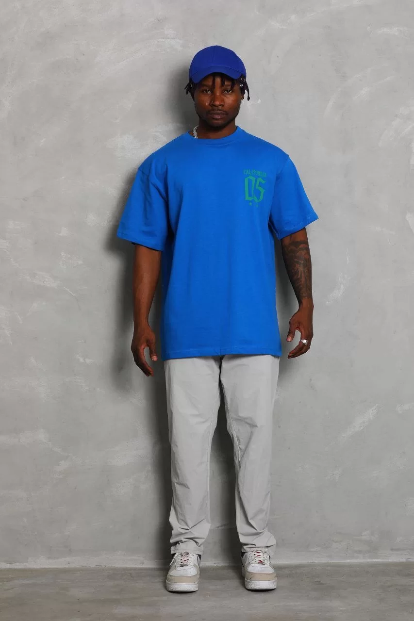 Unisex Oversize Baskılı Bisiklet Yaka T-Shirt - Mavi Görseli