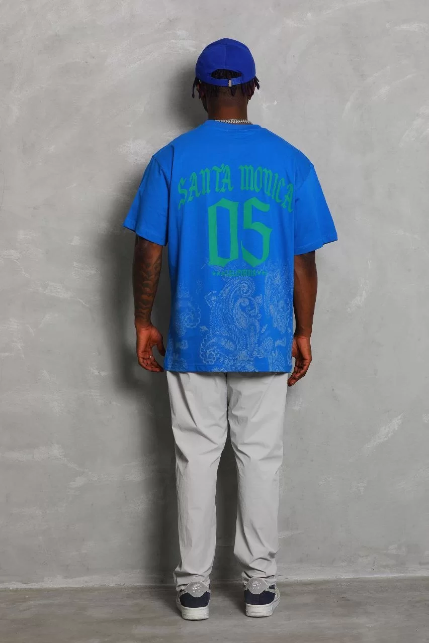 Unisex Oversize Baskılı Bisiklet Yaka T-Shirt - Mavi Görseli