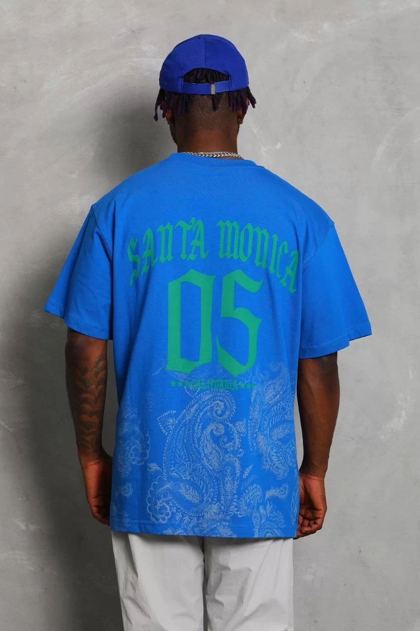 Unisex Oversize Baskılı Bisiklet Yaka T-Shirt - Mavi Görseli