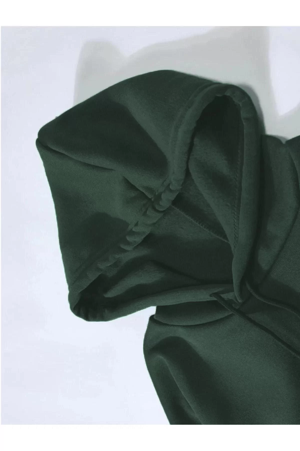 Erkek Düz Kapüşonlu Sweat - Koyu Yeşil Görseli