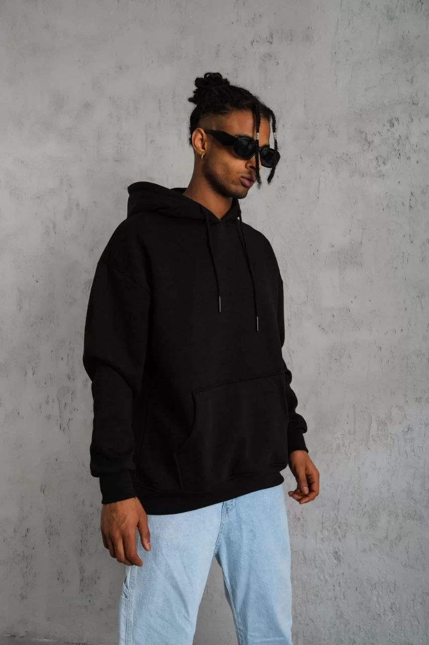 Erkek Düz Kapüşonlu Sweat - Siyah Görseli