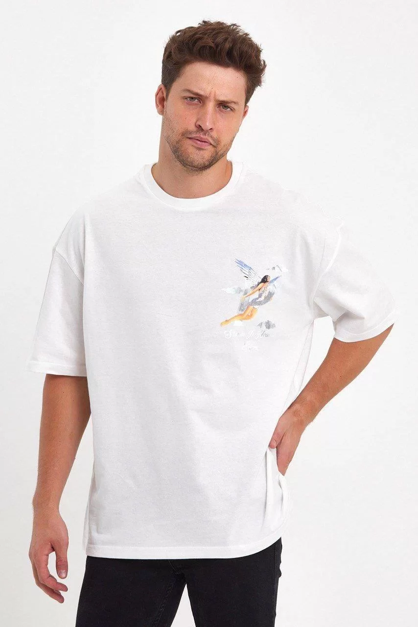 Erkek Melek Baskılı Oversize T-shirt - Beyaz Görseli