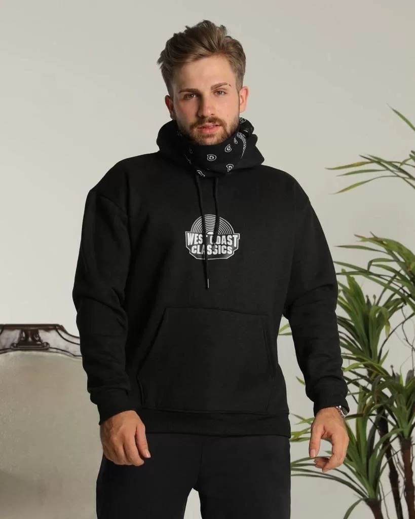 Erkek Sırt Baskılı Kapüşonlu Üç İplik Oversize Sweatshirt - Siyah Görseli