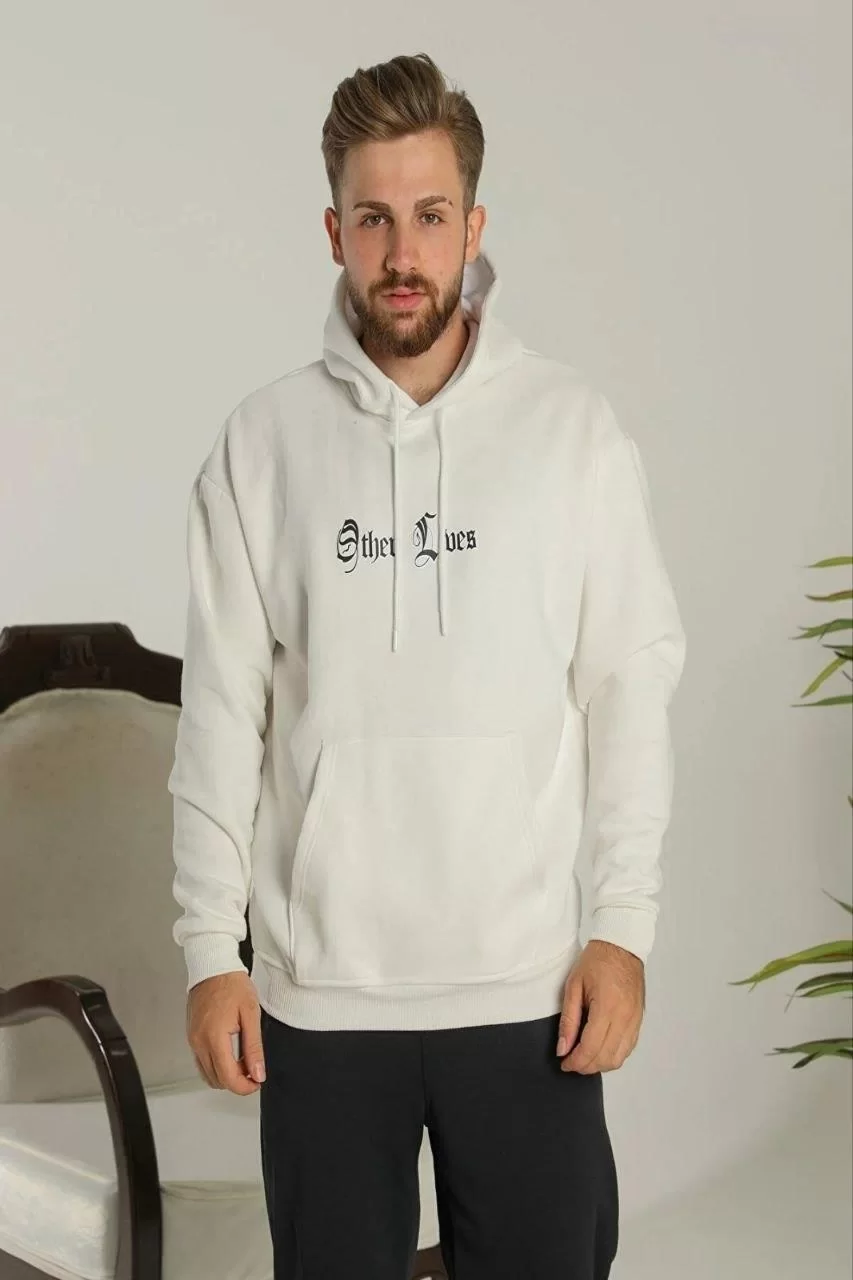 Erkek Sırt Baskılı Oversize Üç İplik Kapüşonlu Sweatshirt - Beyaz Görseli