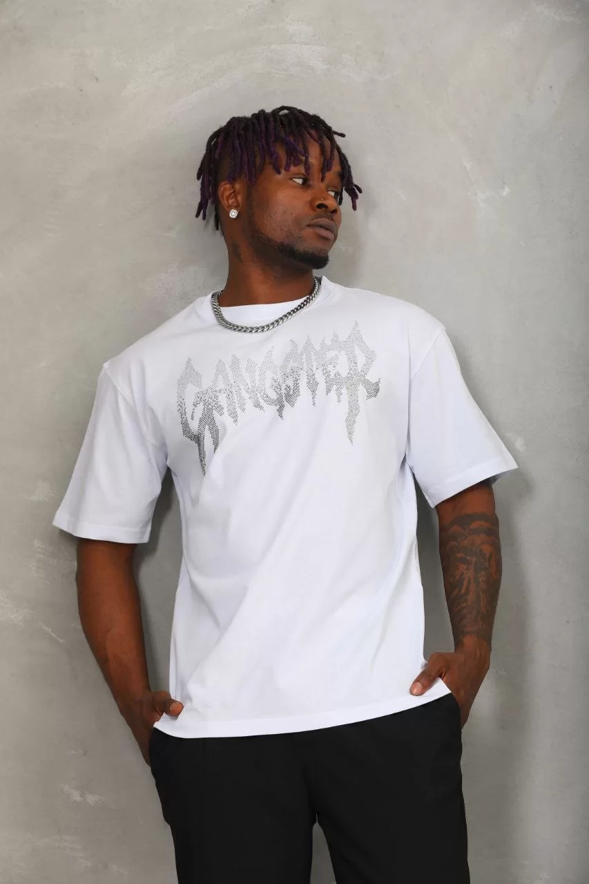 Unisex Oversize Taşlı Bisiklet Yaka T-Shirt - Beyaz Görseli