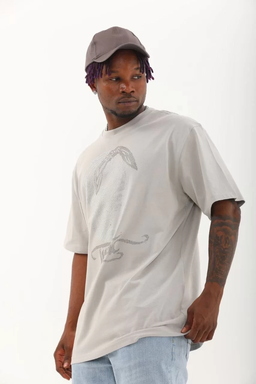 Unisex Oversize Taşlı Bisiklet Yaka T-Shirt - Gri Görseli