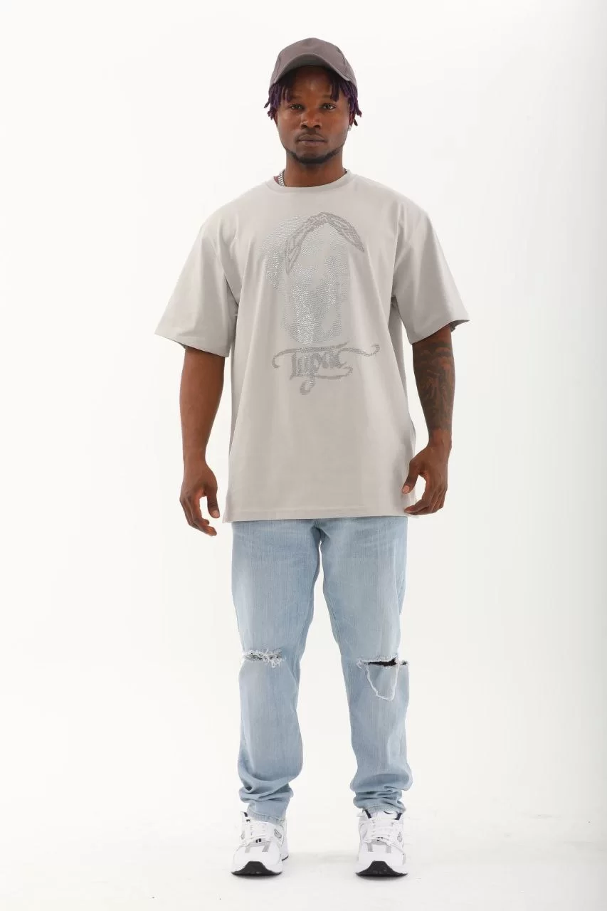 Unisex Oversize Taşlı Bisiklet Yaka T-Shirt - Gri Görseli