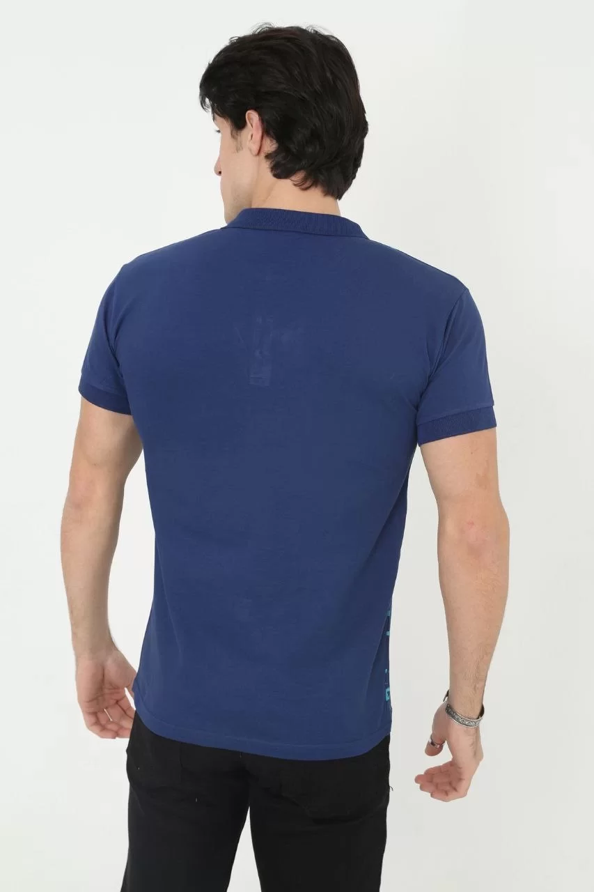 Erkek Yakalı Slim Fit Pike Çizgili T-Shirt - Mavi Görseli