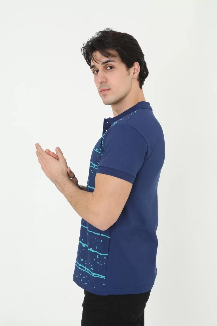 Erkek Yakalı Slim Fit Pike Çizgili T-Shirt - Mavi Görseli