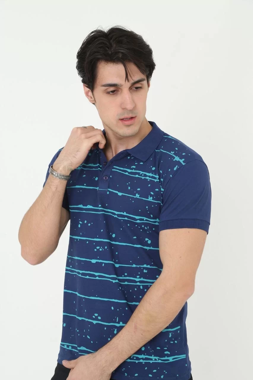 Erkek Yakalı Slim Fit Pike Çizgili T-Shirt - Mavi Görseli