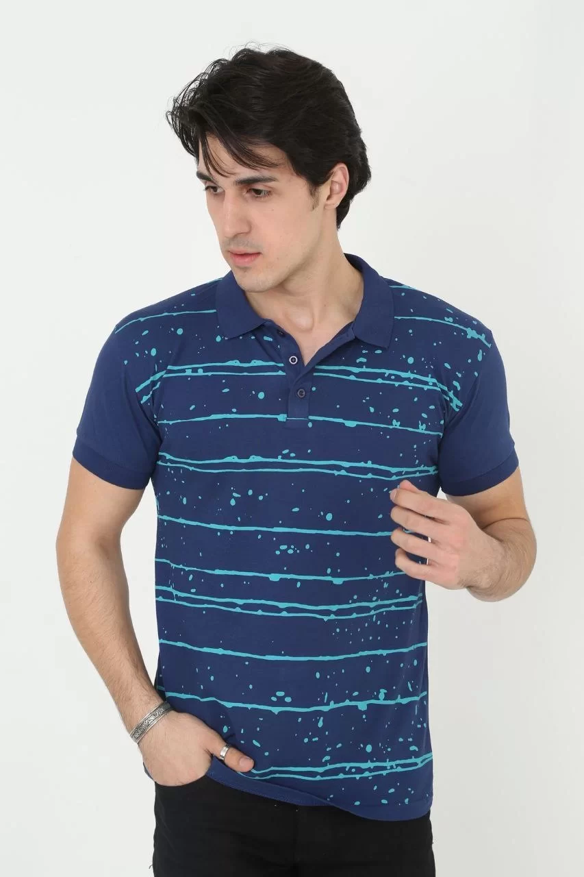 Erkek Yakalı Slim Fit Pike Çizgili T-Shirt - Mavi Görseli