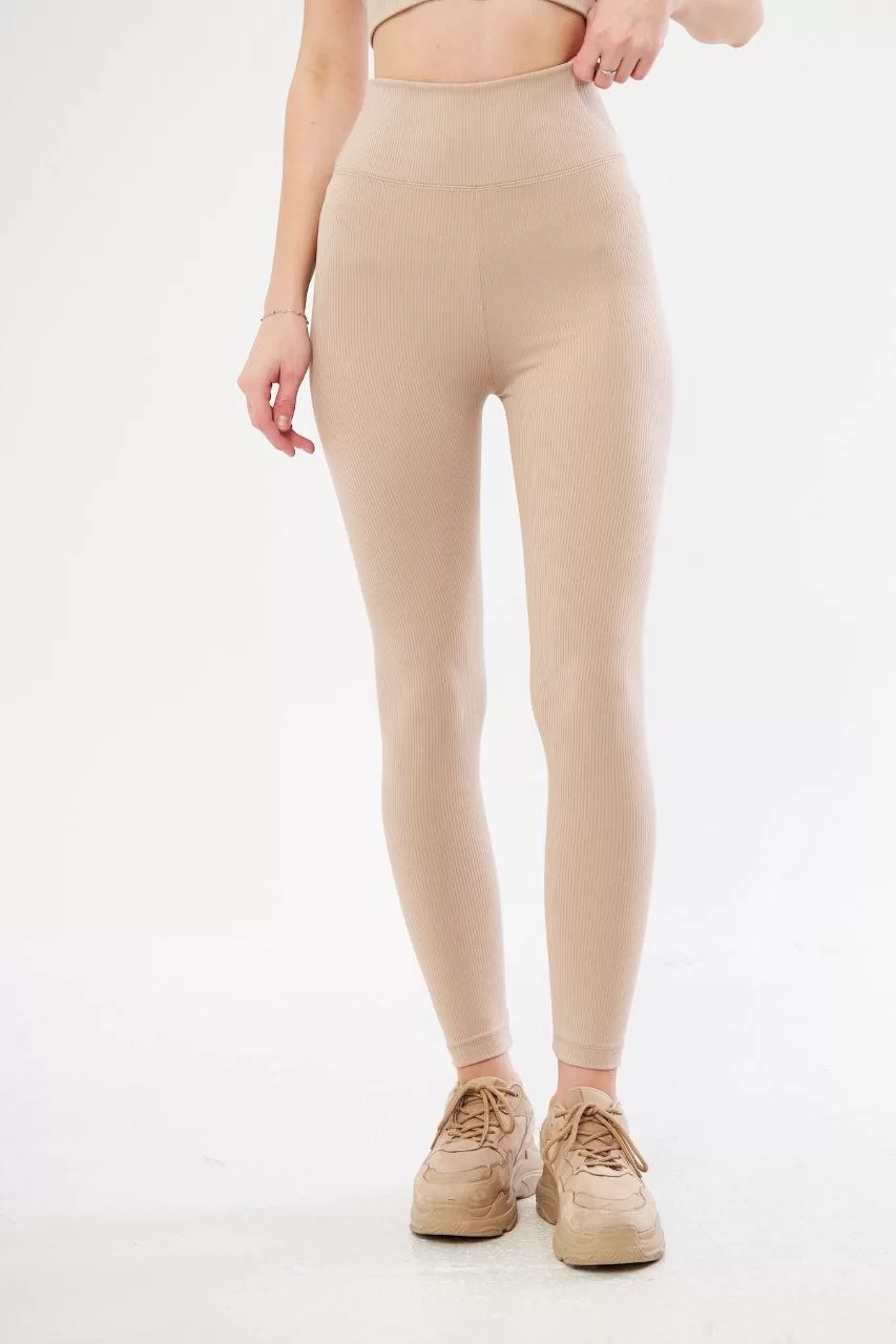 Kadın Yüksek Bel Fitilli Tayt - Bej Görseli