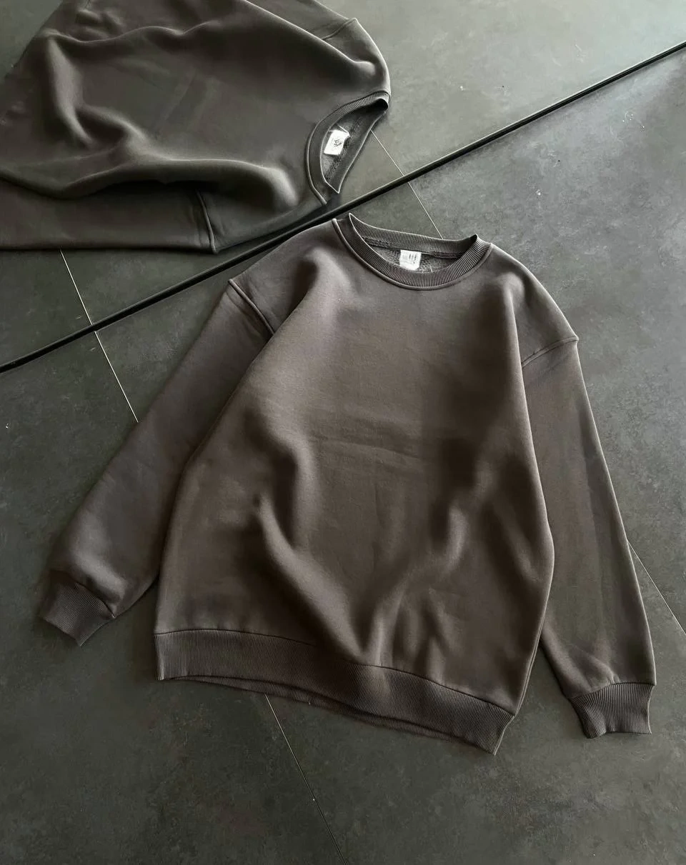 Kadın Bisiklet Yaka 3 İplik Pamuklu Basic SweatShirt - Füme