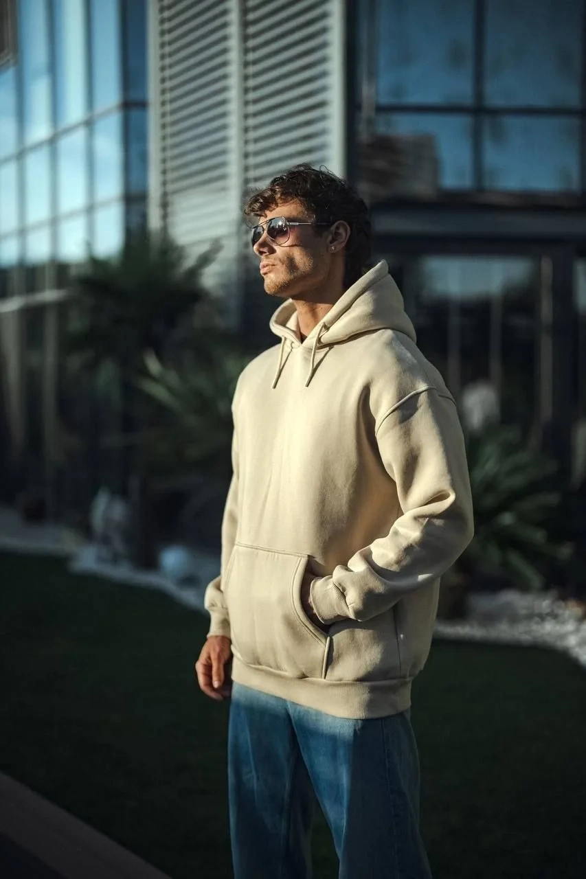 Kadın 3 İplik Pamuklu Kapüşonlu Kanguru Cepli Oversize Hoodie Sweatshirt - Bej
