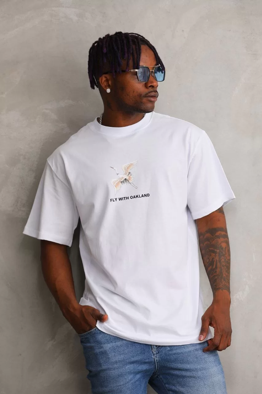 Unisex Baskılı Oversize T-Shirt - Beyaz Görseli