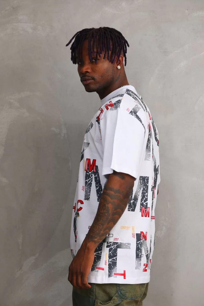 Unisex Baskılı Oversize T-Shirt - Beyaz Görseli