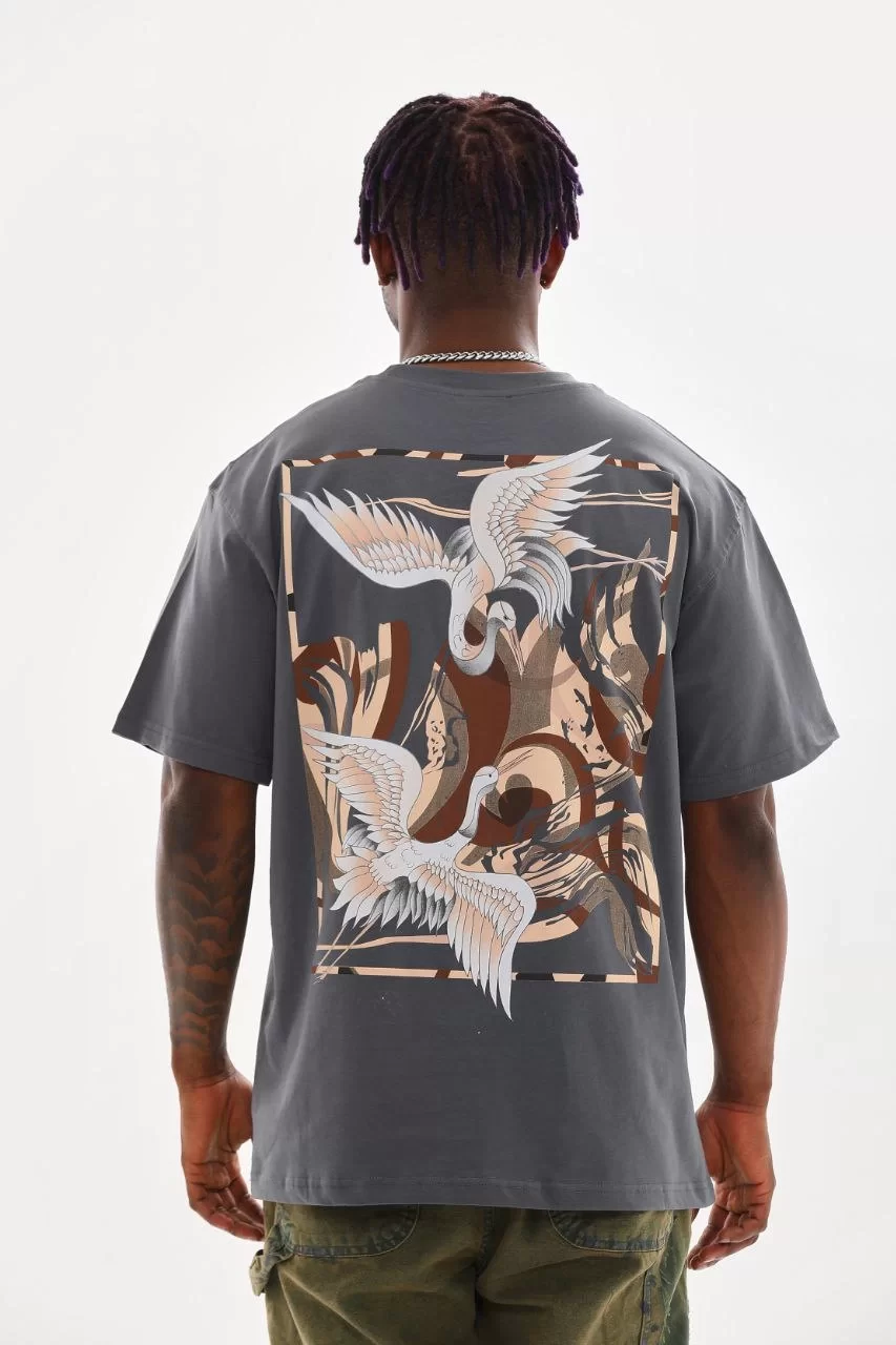 Unisex Baskılı Oversize T-Shirt - Füme Görseli