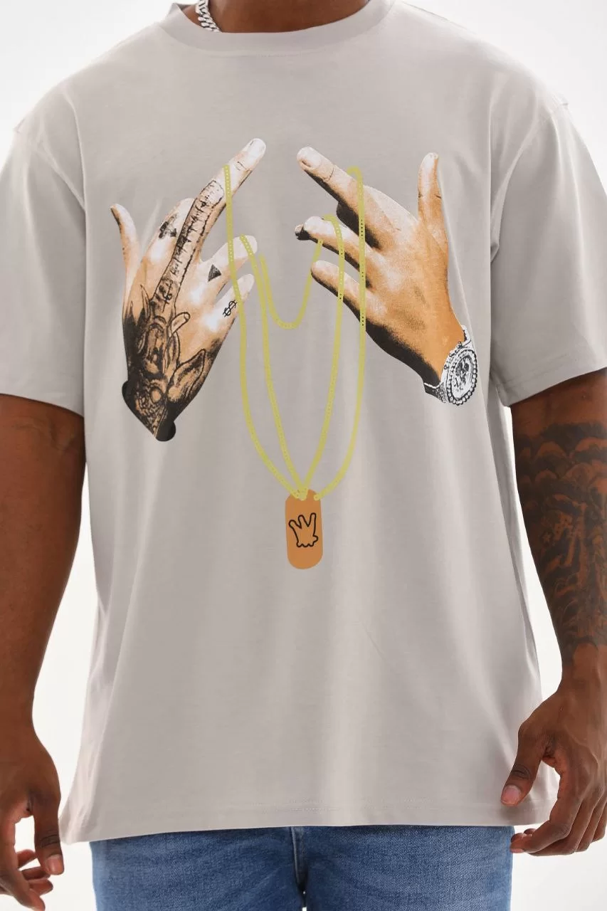 Unisex Baskılı Oversize T-Shirt - Gri Görseli