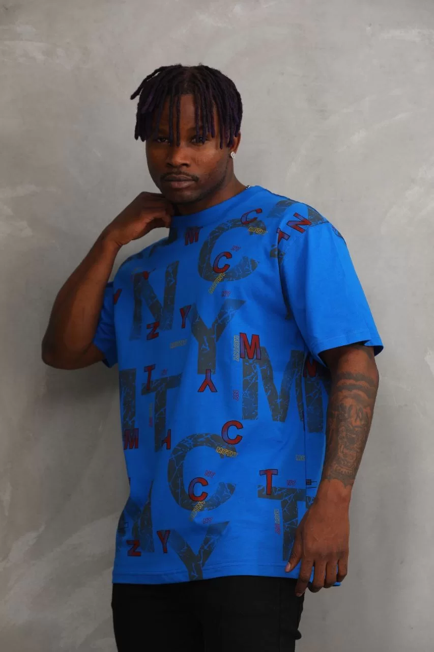 Unisex Baskılı Oversize T-Shirt - Mavi Görseli