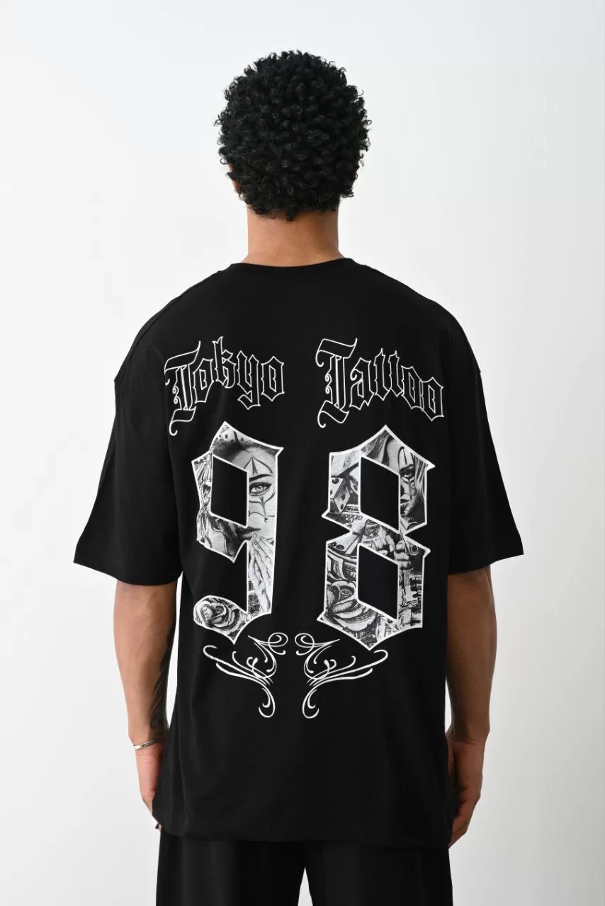 Unisex Baskılı Oversize T-Shirt - Siyah Görseli