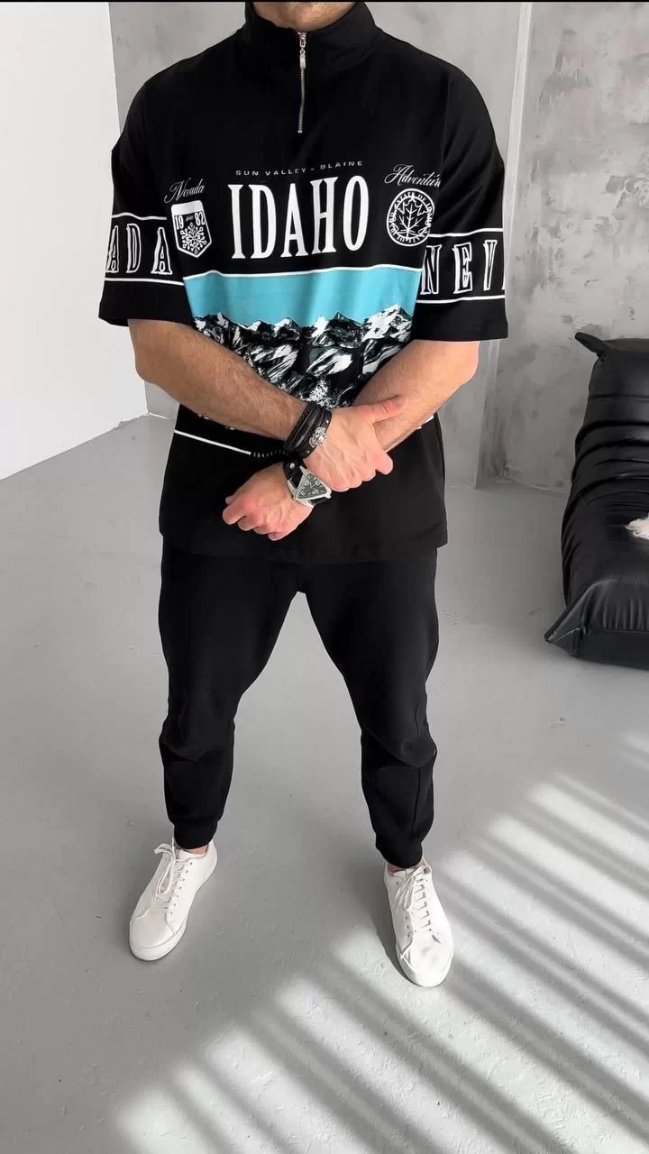 Unisex Baskılı Yarım Fermuarlı T-Shirt - Siyah Görseli