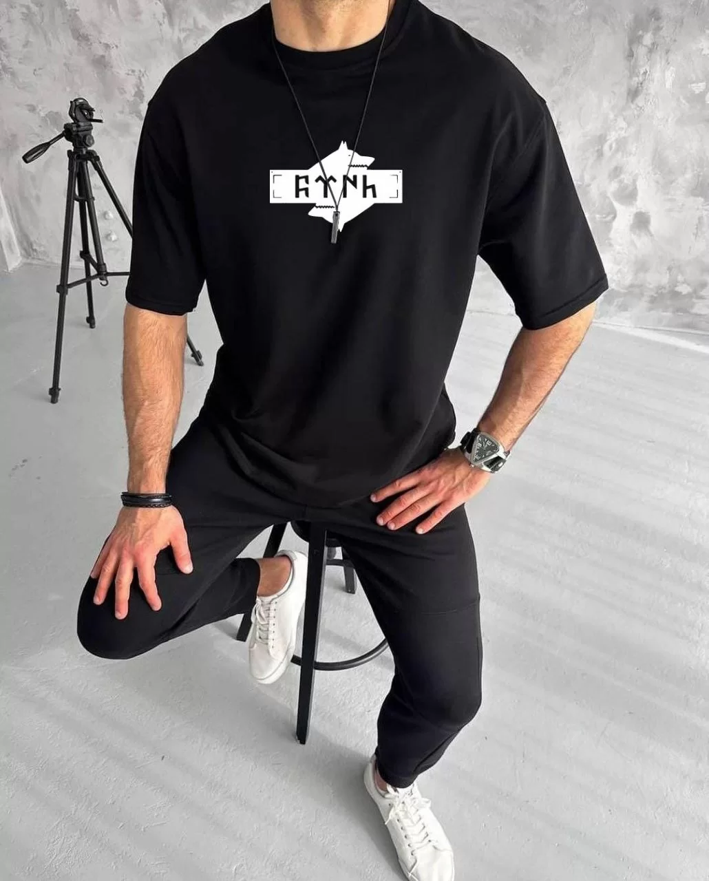 Unisex Bisiklet Yaka Baskılı Double Oversize T-Shirt - Siyah Görseli