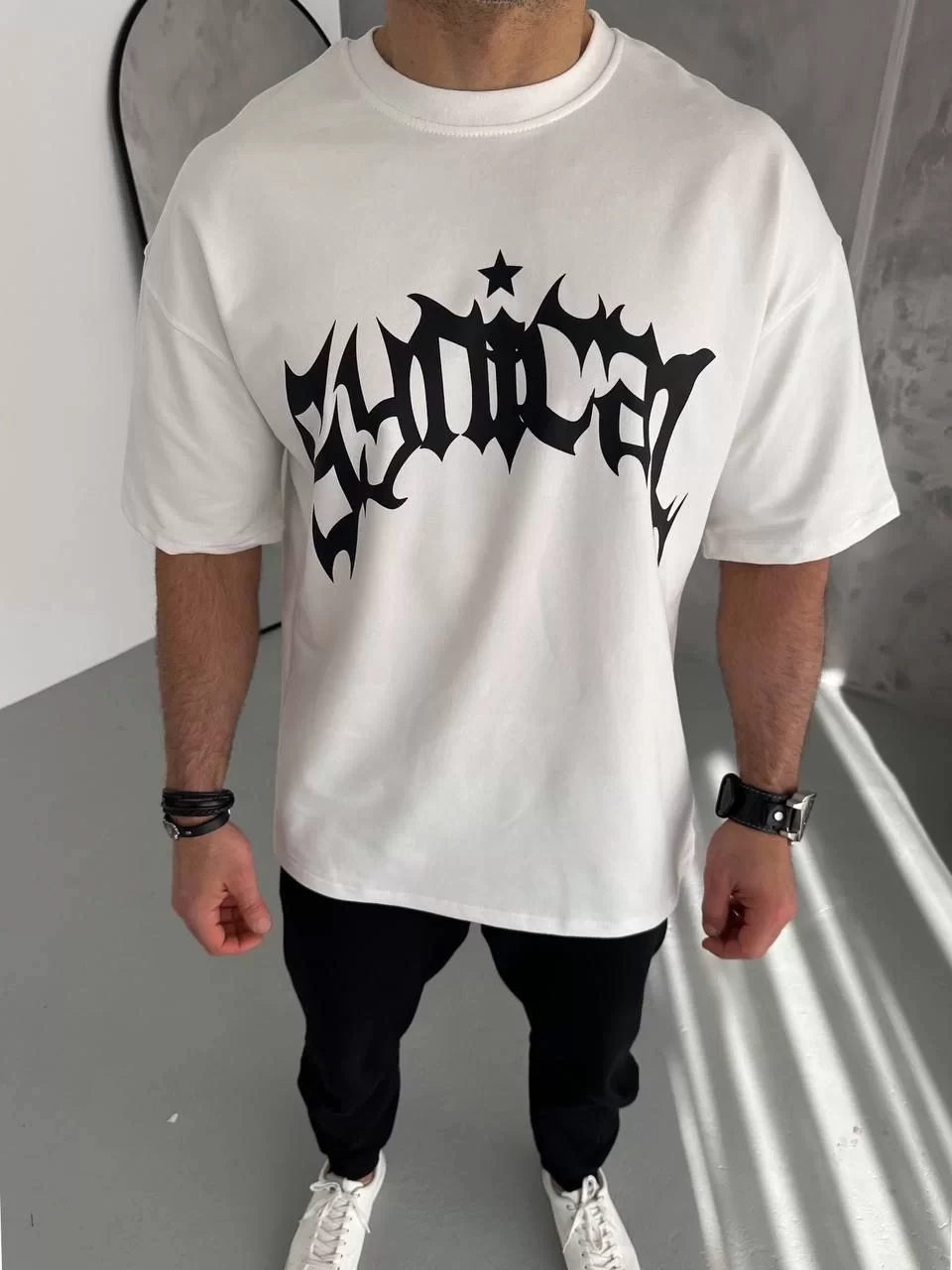 Unisex Bisiklet Yaka Baskılı Oversize T-Shirt - Beyaz Görseli