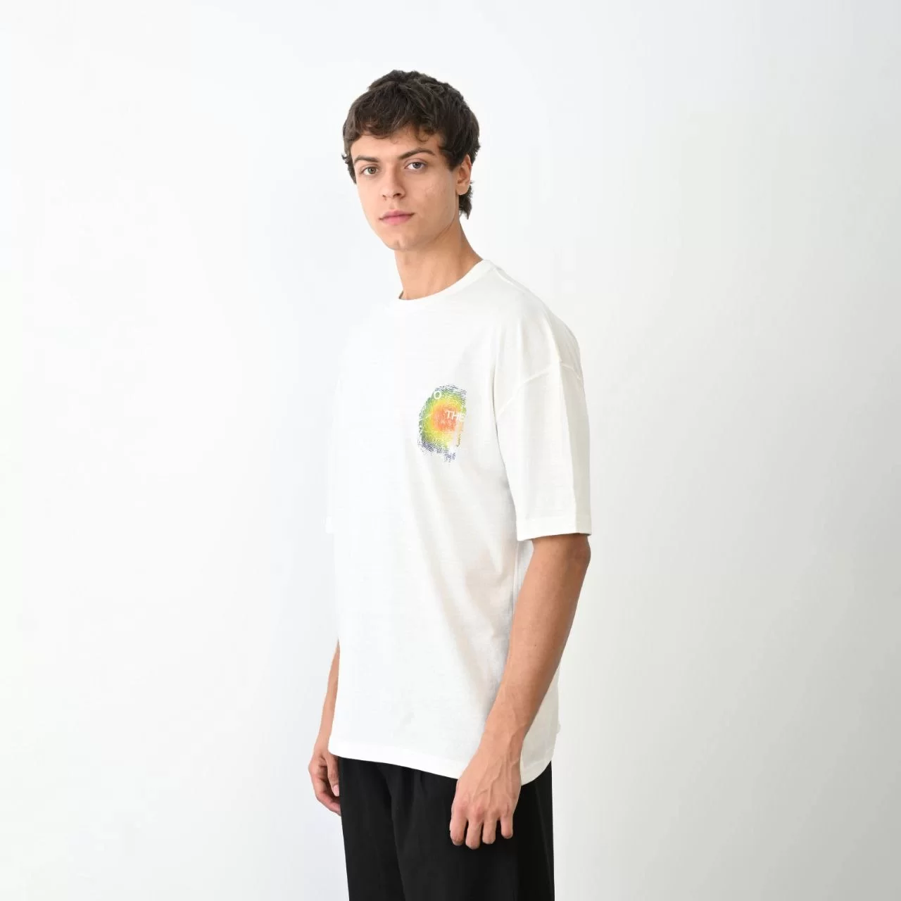 Unisex Bisiklet Yaka Baskılı Oversize T-Shirt - Beyaz Görseli