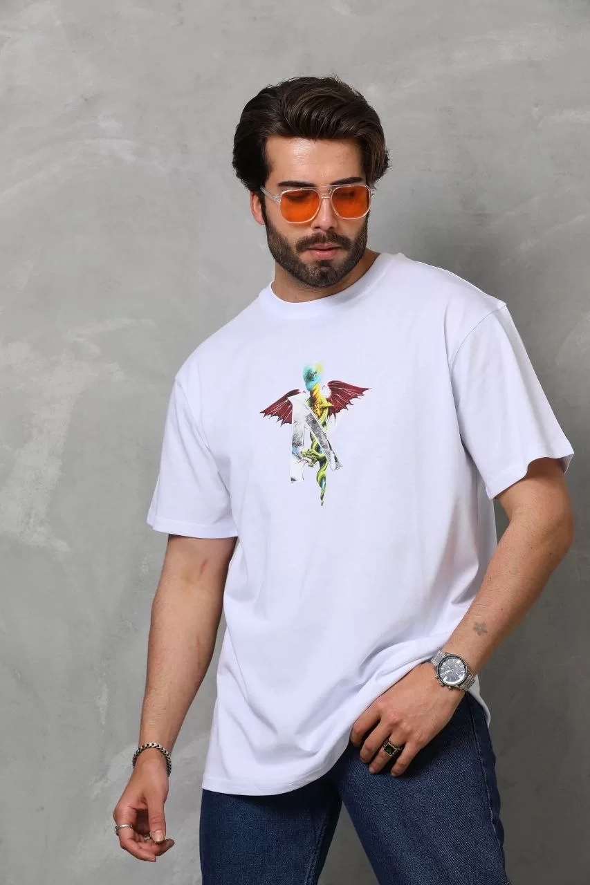 Unisex Bisiklet Yaka Baskılı Oversize T-Shirt - Beyaz Görseli