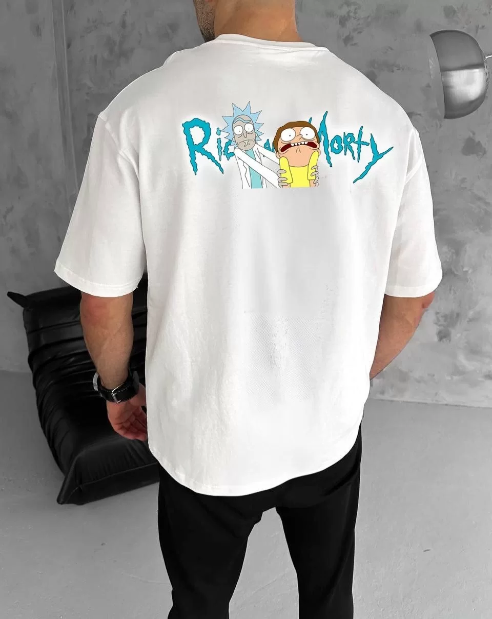 Unisex Bisiklet Yaka Baskılı Oversize T-Shirt - Beyaz Görseli