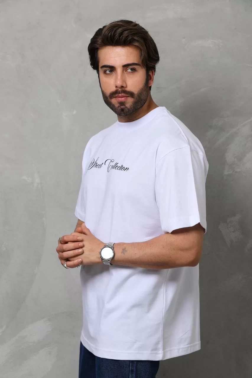Unisex Bisiklet Yaka Baskılı Oversize T-Shirt - Beyaz Görseli