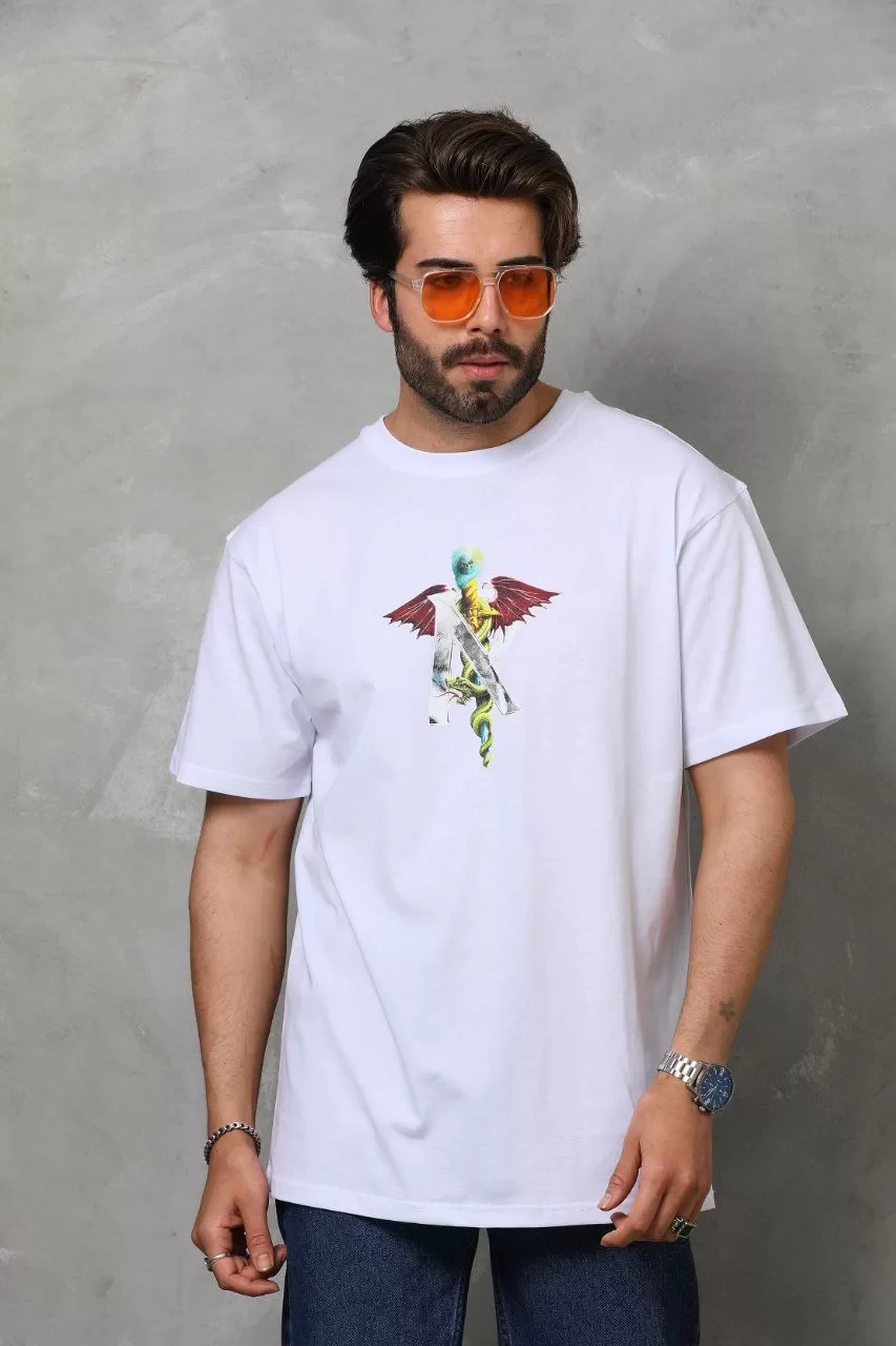 Unisex Bisiklet Yaka Baskılı Oversize T-Shirt - Beyaz Görseli