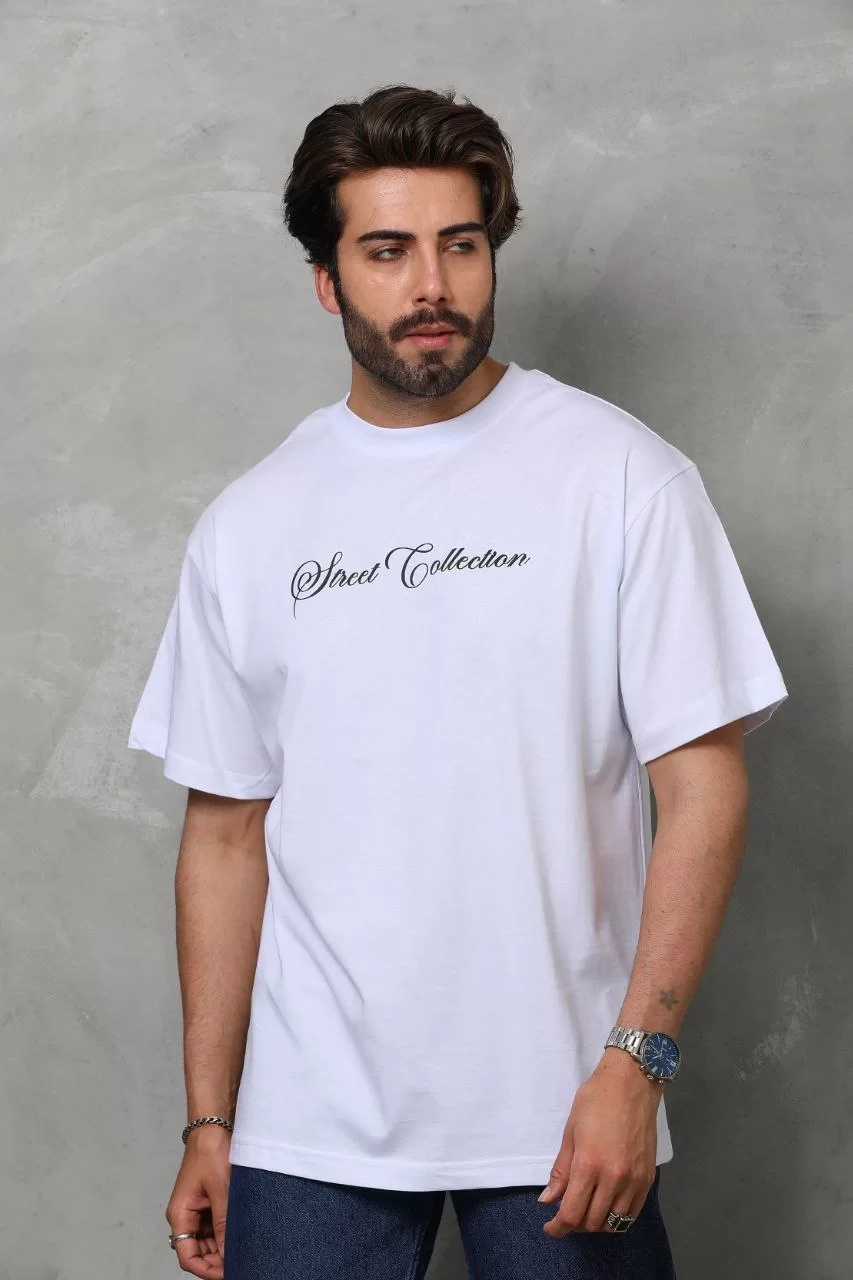 Unisex Bisiklet Yaka Baskılı Oversize T-Shirt - Beyaz Görseli