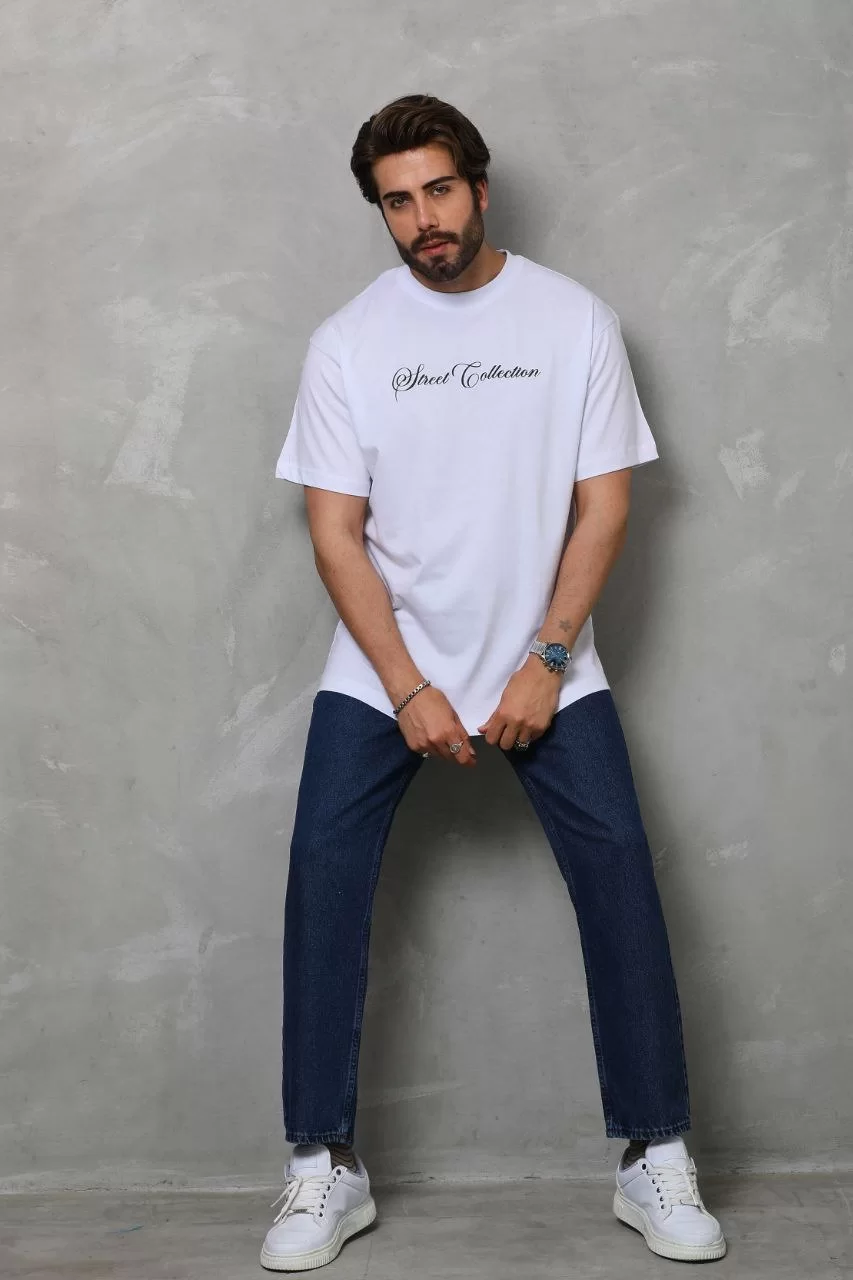 Unisex Bisiklet Yaka Baskılı Oversize T-Shirt - Beyaz Görseli