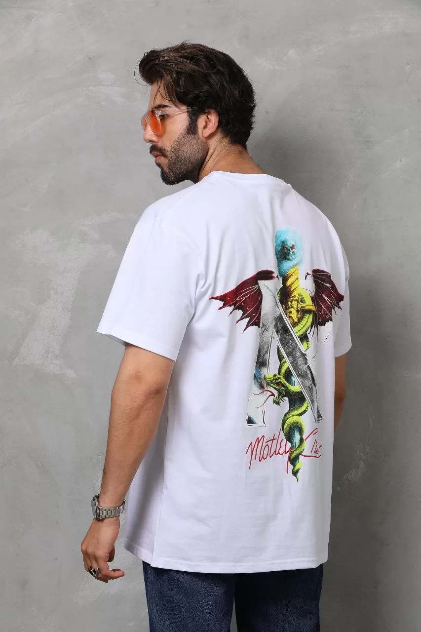 Unisex Bisiklet Yaka Baskılı Oversize T-Shirt - Beyaz Görseli