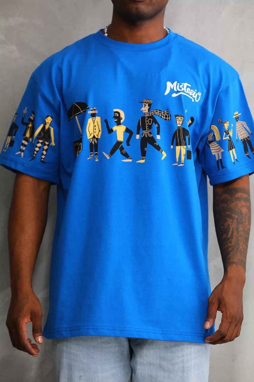 Unisex Bisiklet Yaka Baskılı Oversize T-Shirt - Mavi Görseli
