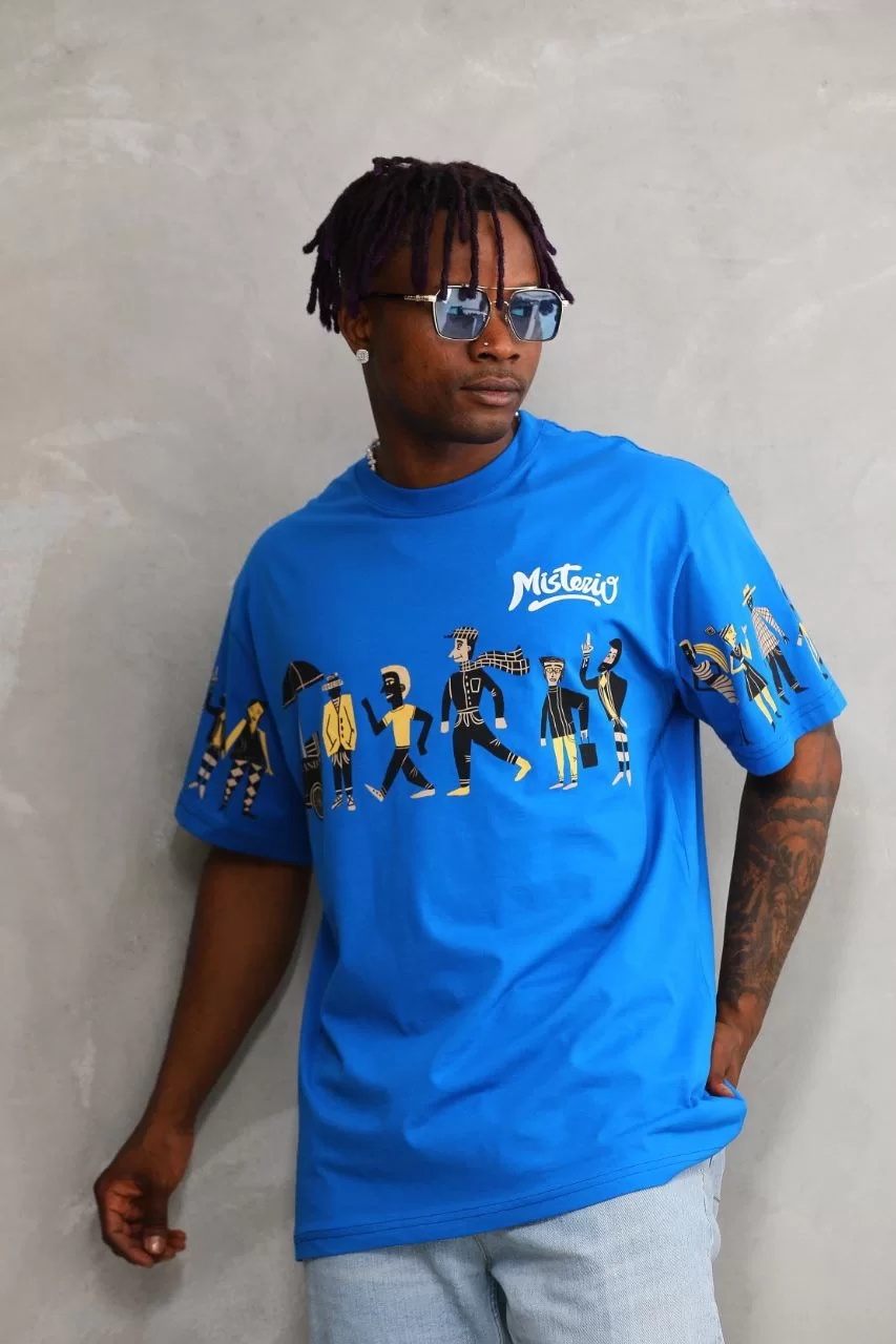 Unisex Bisiklet Yaka Baskılı Oversize T-Shirt - Mavi Görseli
