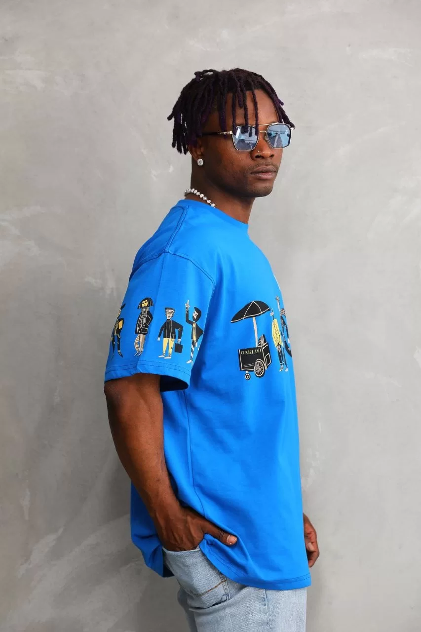 Unisex Bisiklet Yaka Baskılı Oversize T-Shirt - Mavi Görseli
