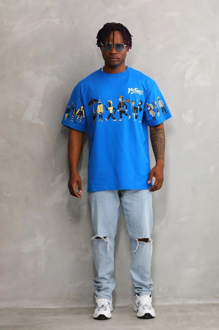 Unisex Bisiklet Yaka Baskılı Oversize T-Shirt - Mavi Görseli