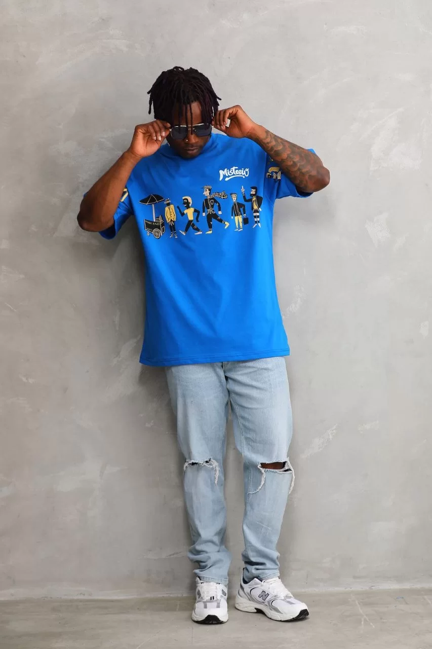 Unisex Bisiklet Yaka Baskılı Oversize T-Shirt - Mavi Görseli