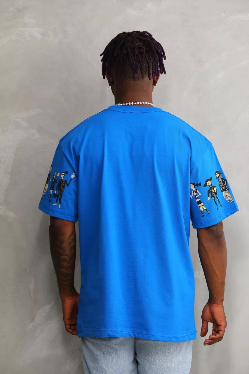 Unisex Bisiklet Yaka Baskılı Oversize T-Shirt - Mavi Görseli